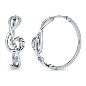 Sterling Silver CZ Treble Clef Note Hoop Earrings